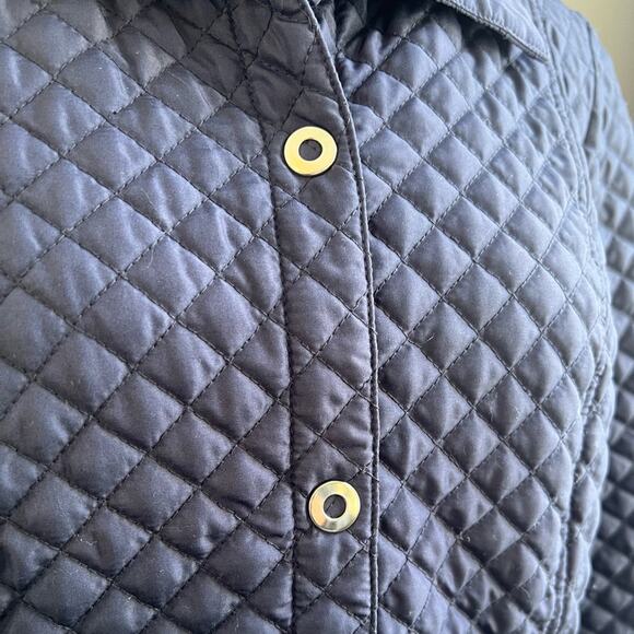 Chico’s dark blue/silver/white quilted snap button collared jacket with pockets - Picture 11 of 16